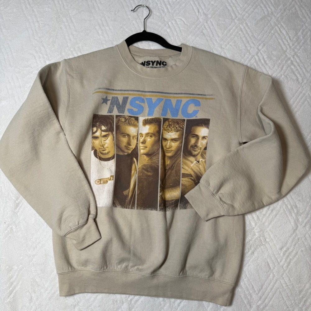 Y2K Retro NSYNC Graphic Crewneck Sweatshirt Small Beige Boy Band